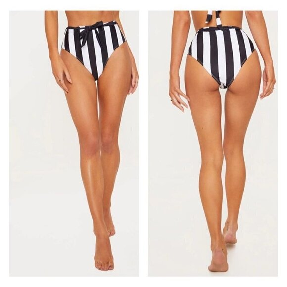 Pretty Little Thing Black & White Stripe Belted Waist Bikini Bottom US Sz12 - Picture 1 of 9